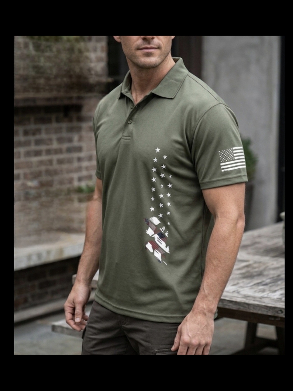 Men's Olive Green Short Sleeve Polo with Tactical Flag Accent